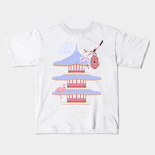 Flamingo Japanese Cherry Blossoms Kids T-Shirt